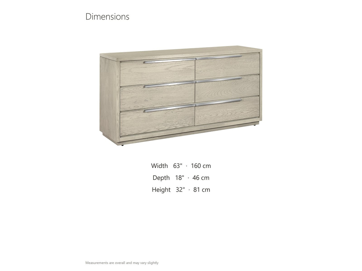 Sesto 63-Inch Gray Oak 6-Drawer Dresser dimensions: 63.0 in wide, 18.0 in deep, 32.0 in high