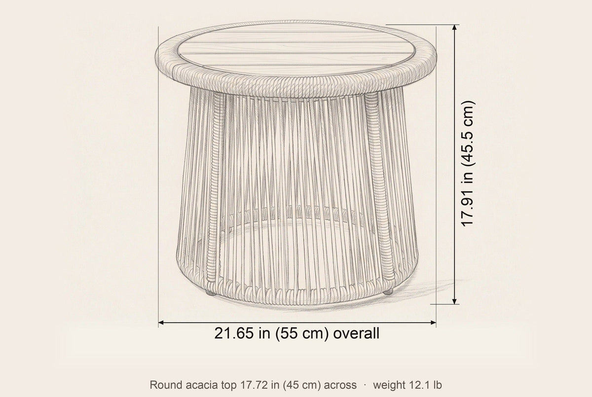 Siculiana side table dimensions: 21.65 in overall diameter, 17.91 in high, round acacia top 17.72 in across
