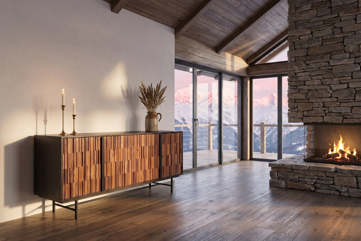 Simeri 68.5-Inch 4-Door Solid Sheesham and Mango Wood Sideboard with Iron Base in an alpine chalet