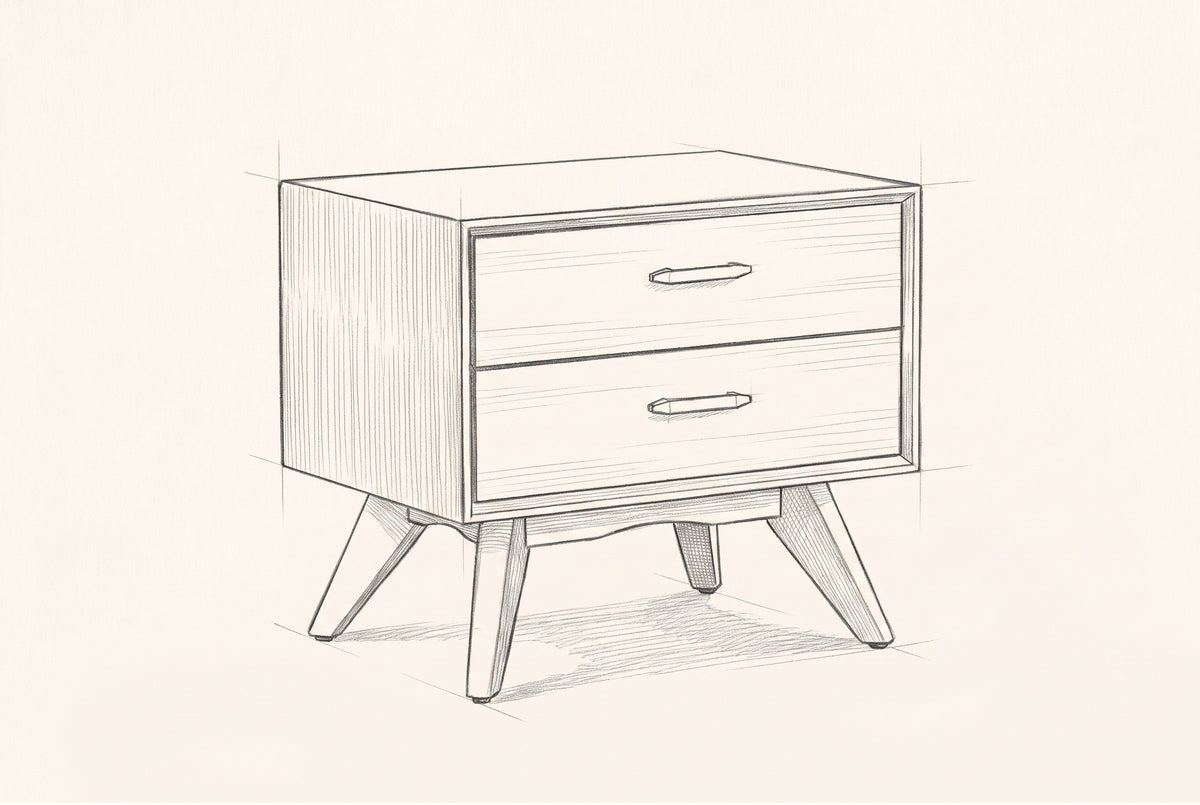 Pencil sketch of the Siniscola nightstand, drawn from the same three-quarter view
