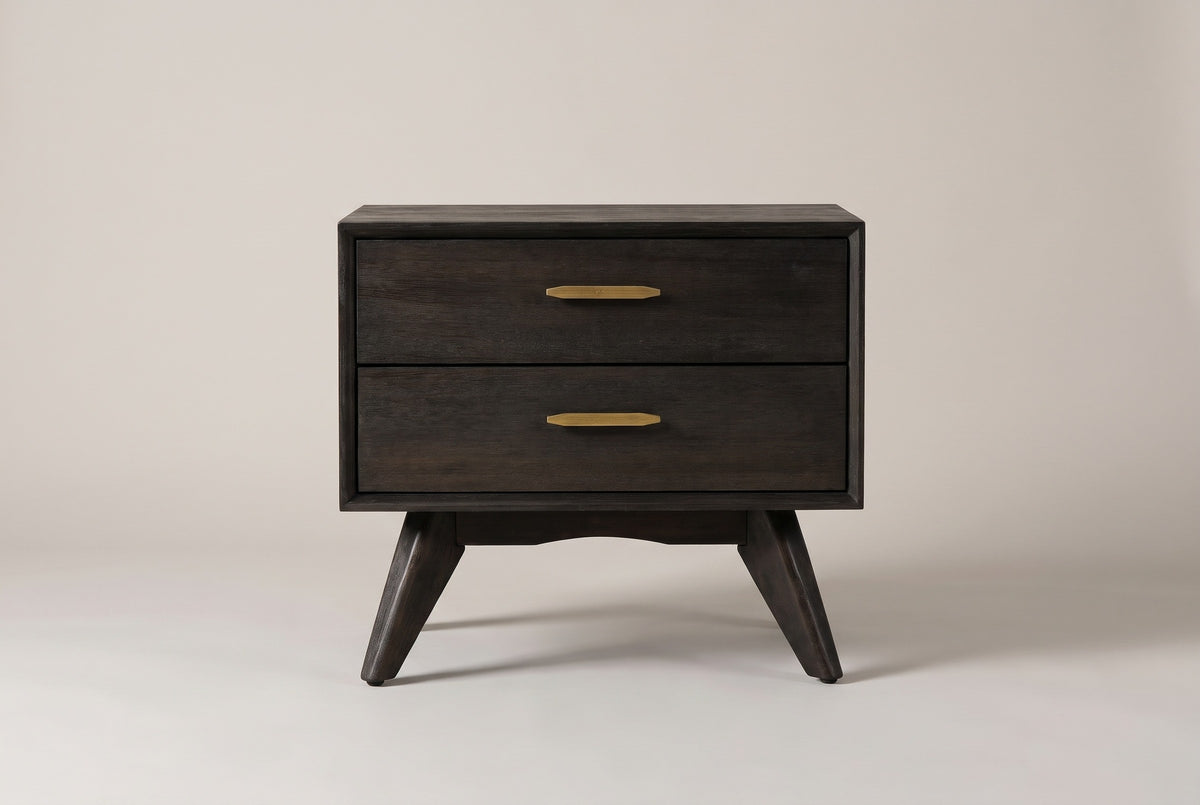 The Siniscola nightstand in dark wire-brushed acacia, front view on a light studio backdrop