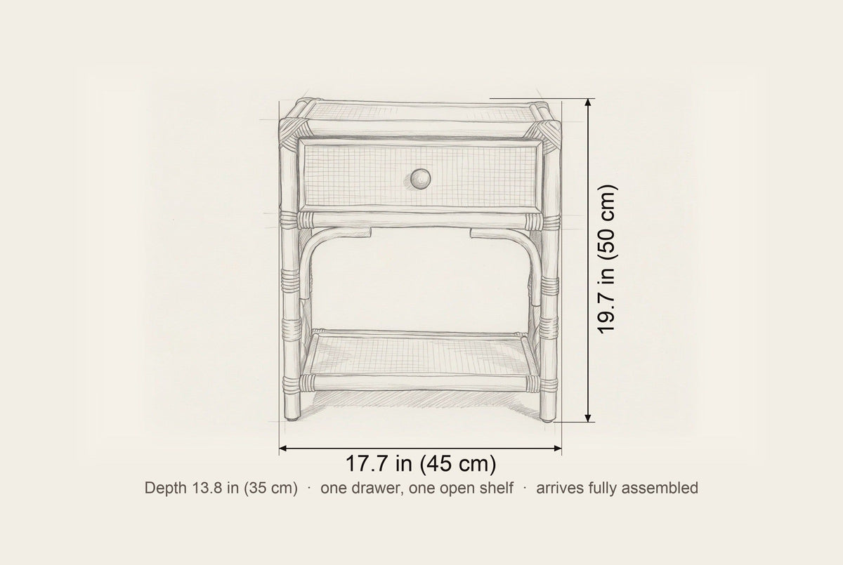 Sinnai nightstand dimensions: 17.7 in wide, 19.7 in high, 13.8 in deep