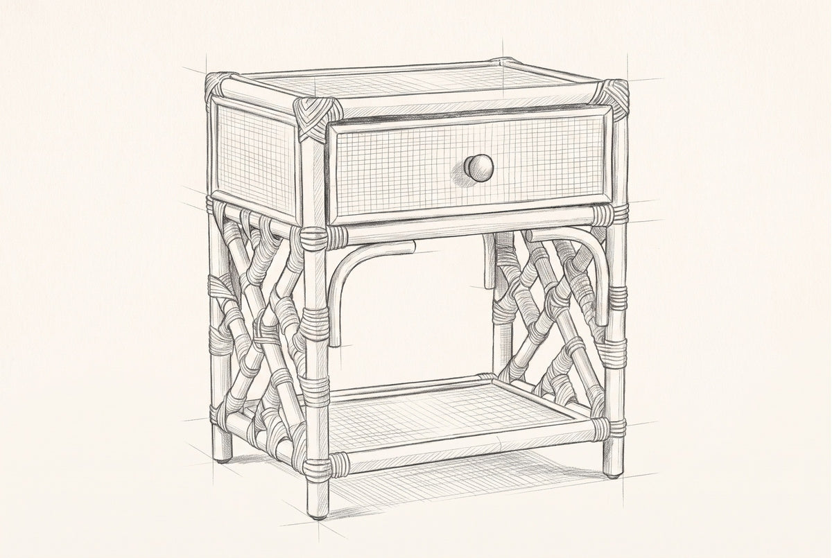 Pencil sketch of the Sinnai nightstand, drawn from the same three-quarter view