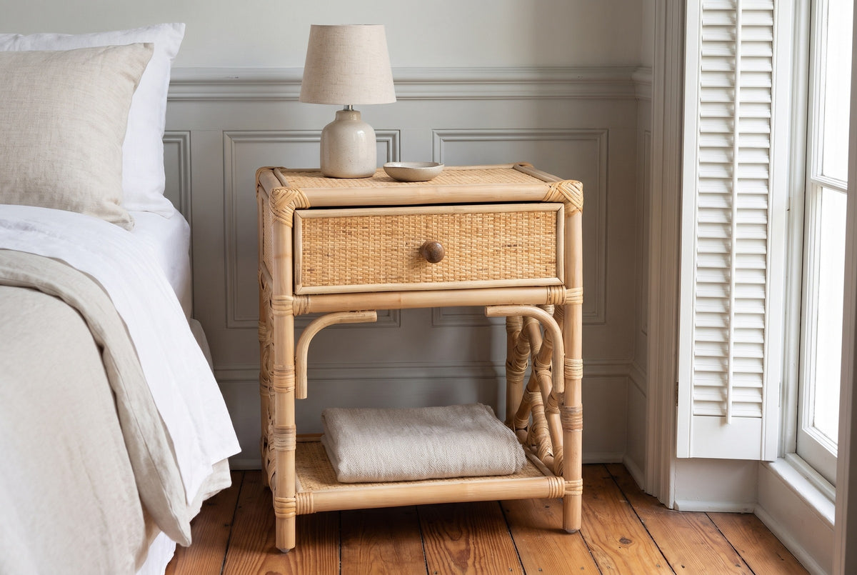 Sinnai rattan nightstand against dove grey wall panelling in a Savannah bedroom with heart-pine floors and white shutters