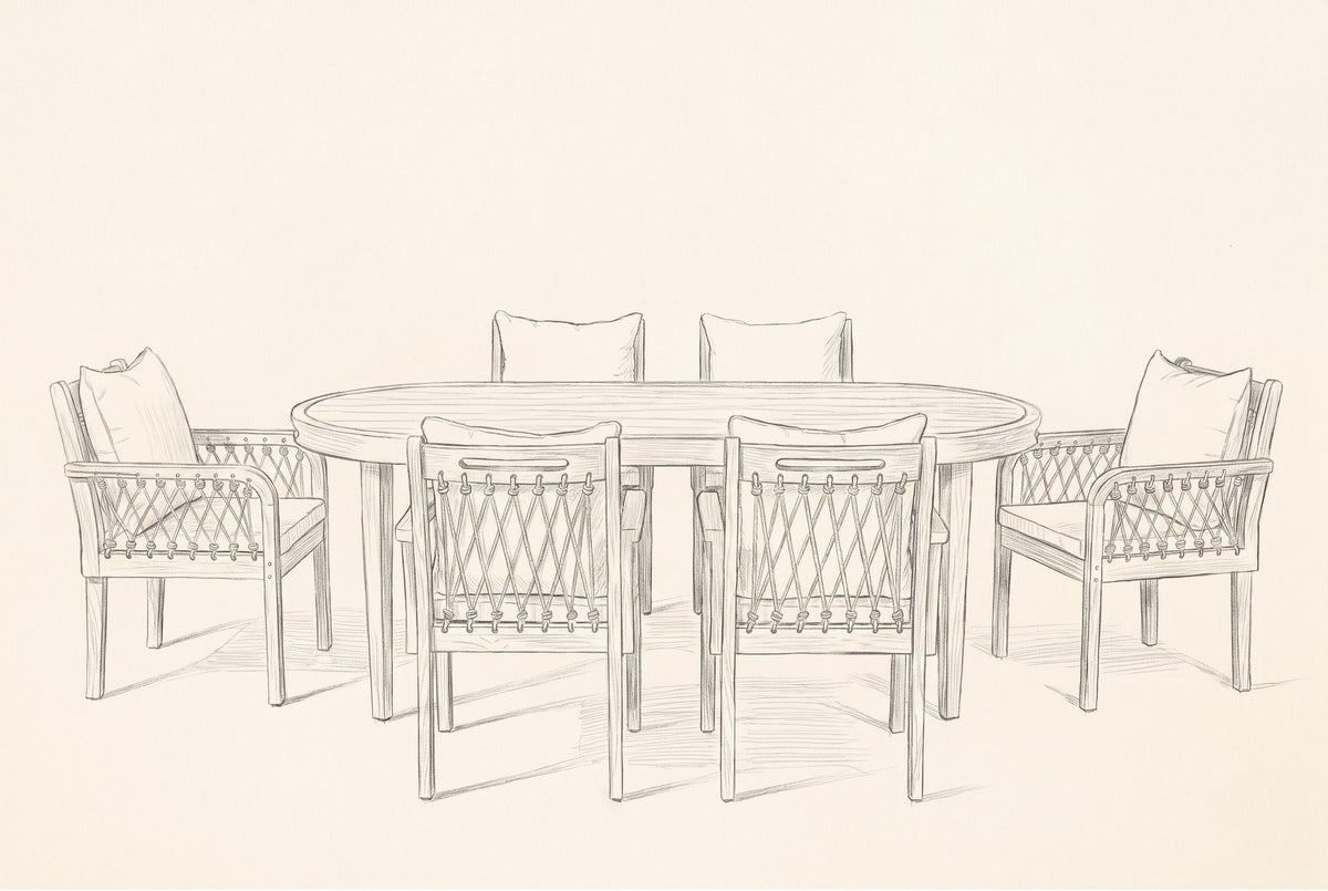 Pencil sketch of the Siracusa dining set: an oval table and six rope armchairs