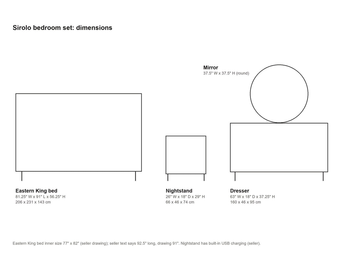 Sirolo Sand Wash and Cream Upholstered Bedroom Set: Dimensions