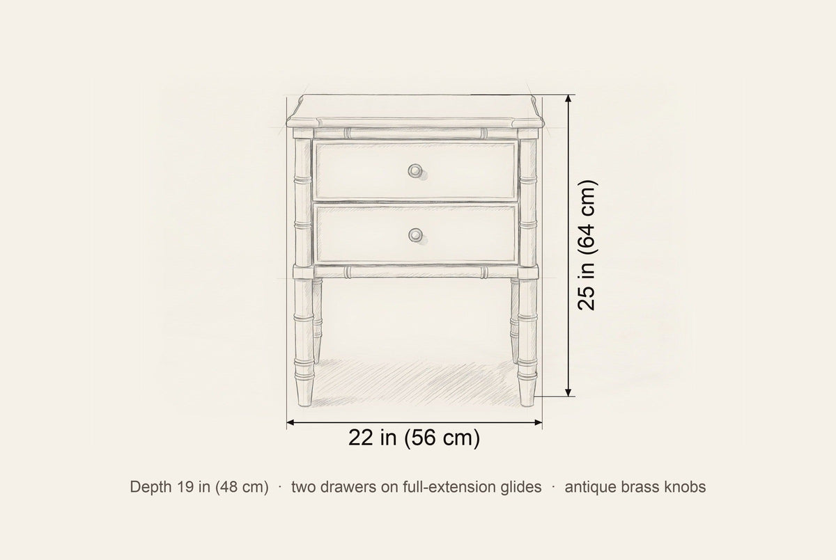 Sorgono nightstand dimensions: 22 in wide, 25 in high, 19 in deep