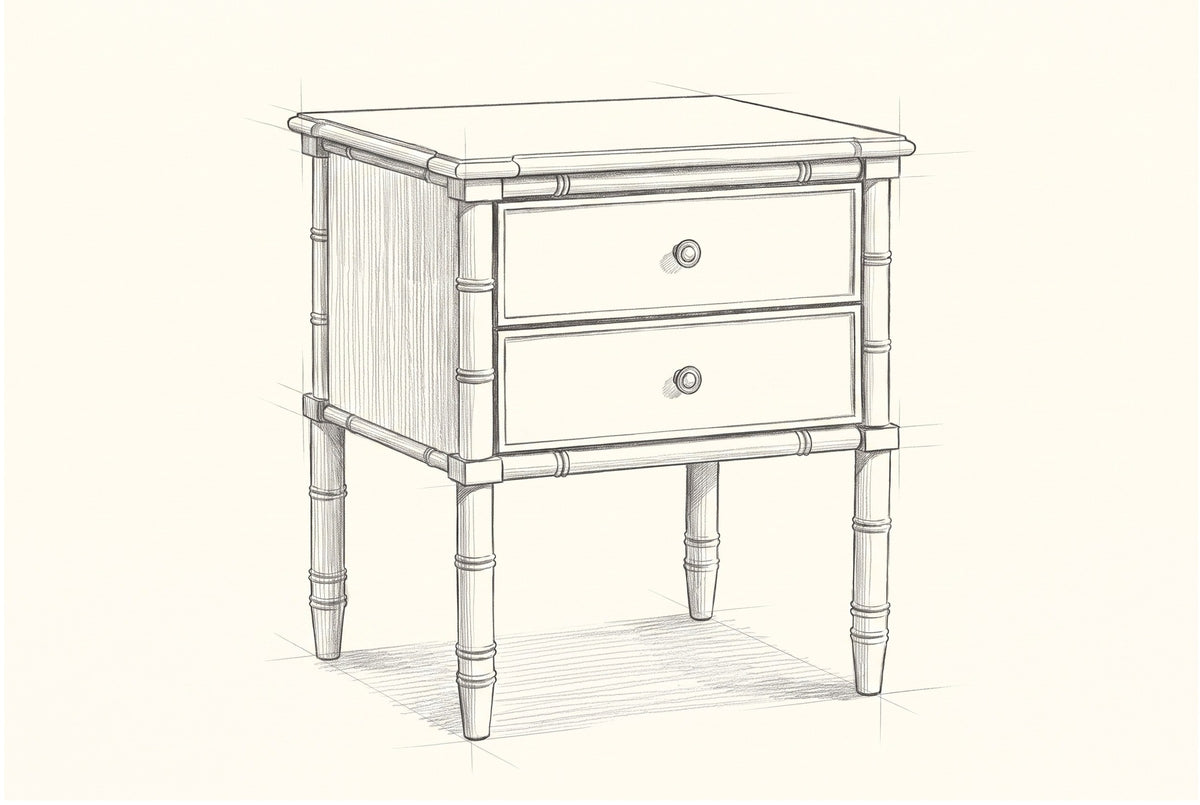 Pencil sketch of the Sorgono nightstand, drawn from the same three-quarter view