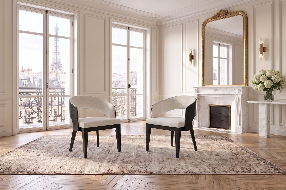 Soriano Open-Back Upholstered Wood Dining Arm Chair (Set of 2) in a Paris salon
