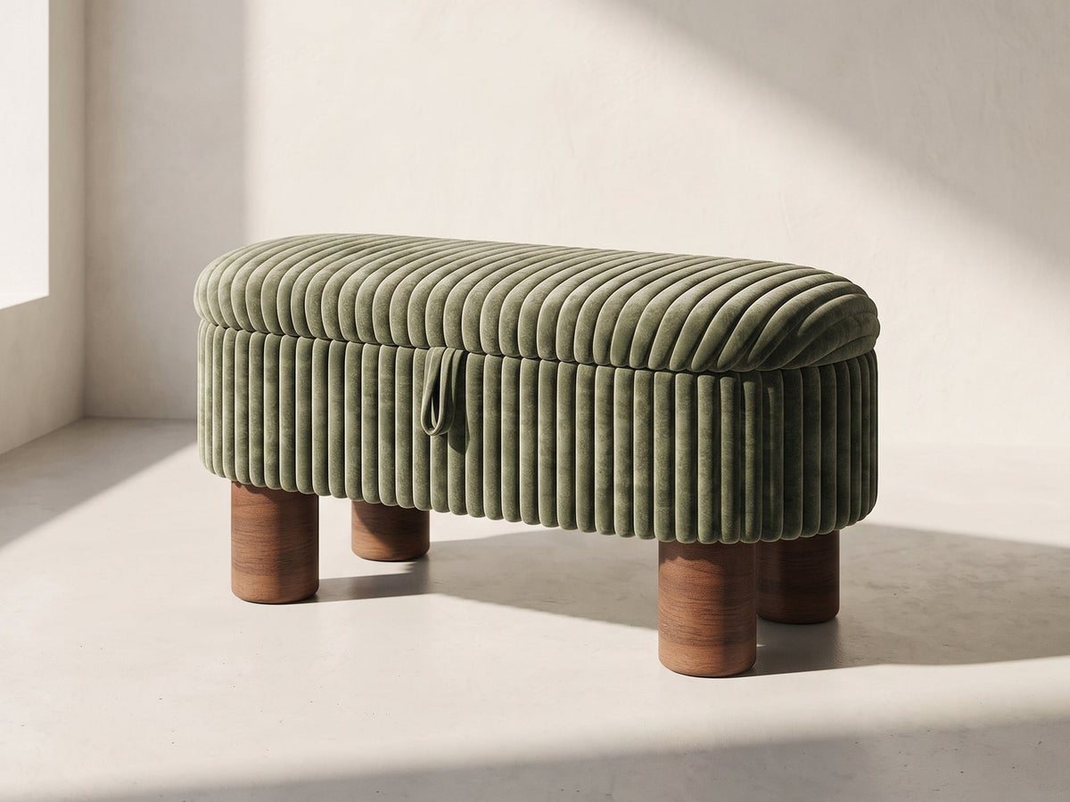Sorrento Storage Bench in moss green against a plaster wall in morning light