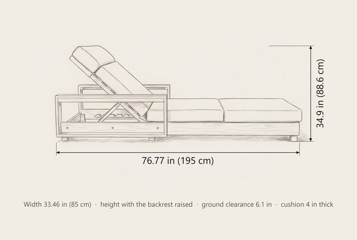 Sortino chaise lounge dimensions: 76.77 in long, 34.9 in high with the backrest raised, 33.46 in wide