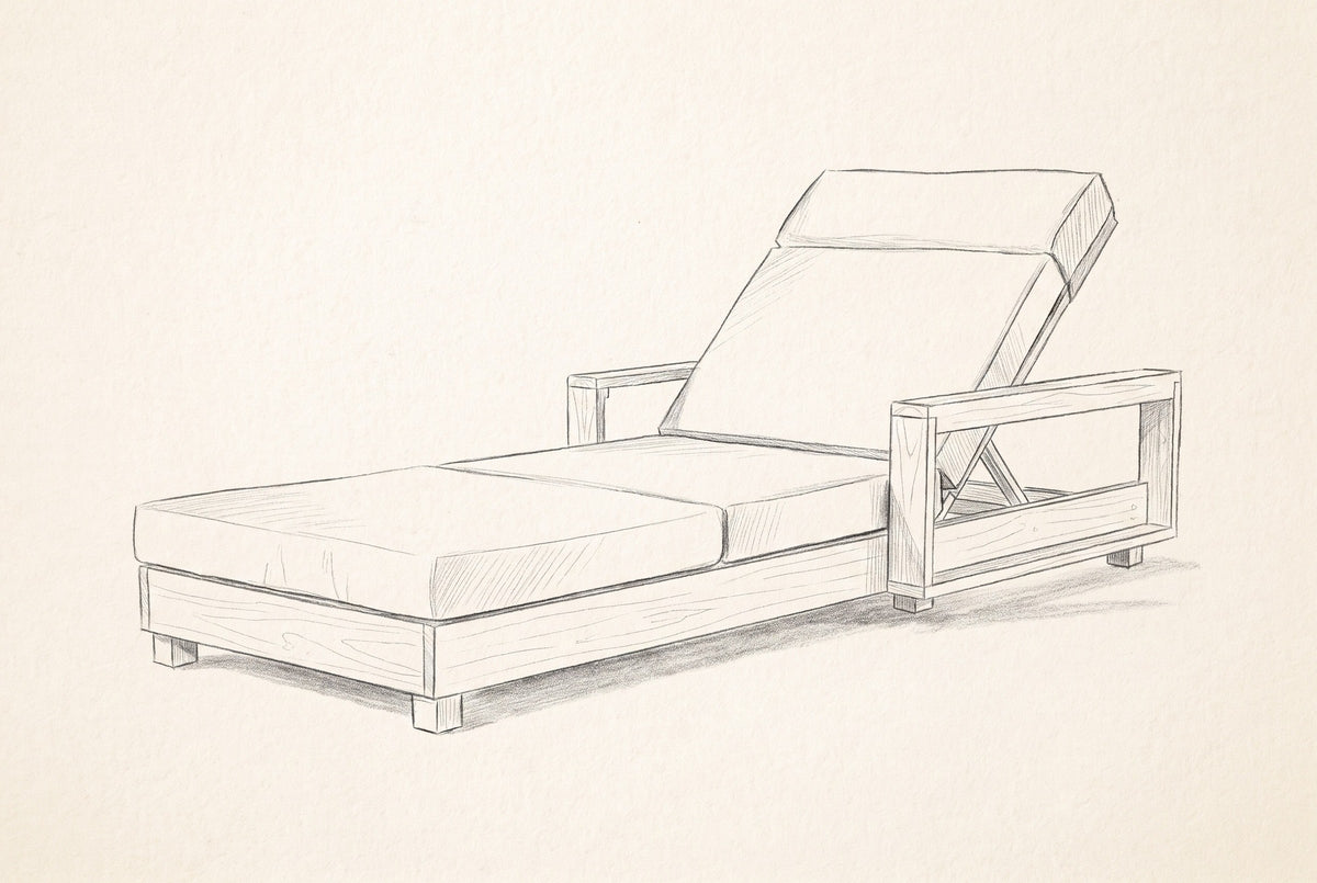 Pencil sketch of the Sortino chaise lounge, three-quarter view from the foot end