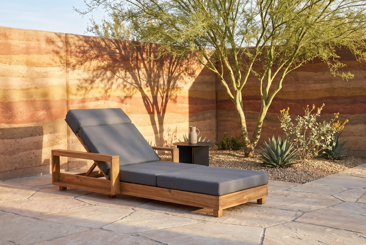 Sortino acacia chaise lounge in a Tucson courtyard at golden hour, a rammed-earth wall in rust and ochre bands and a palo verde tree behind (side table not included)