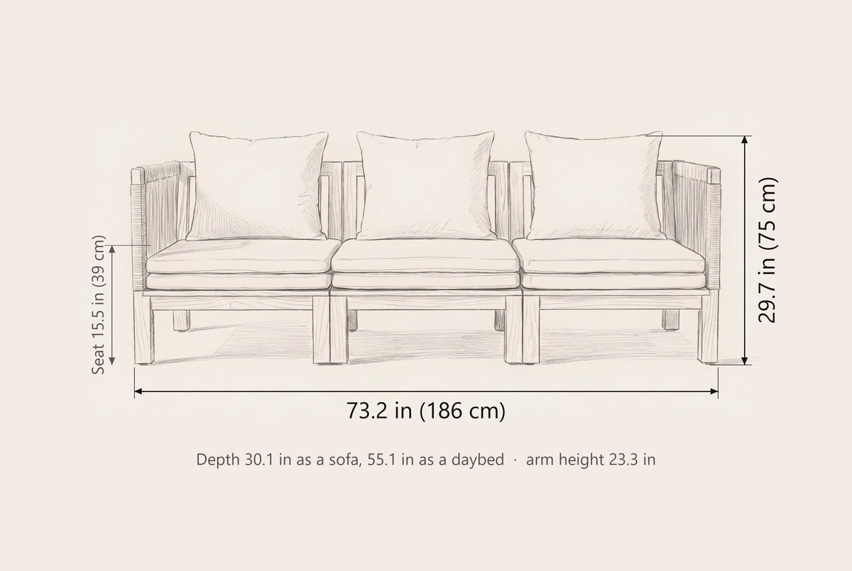 Sperlinga sofa dimensions: 73.2 in wide, 29.7 in high, seat 15.5 in; 30.1 in deep as a sofa and 55.1 in as a daybed