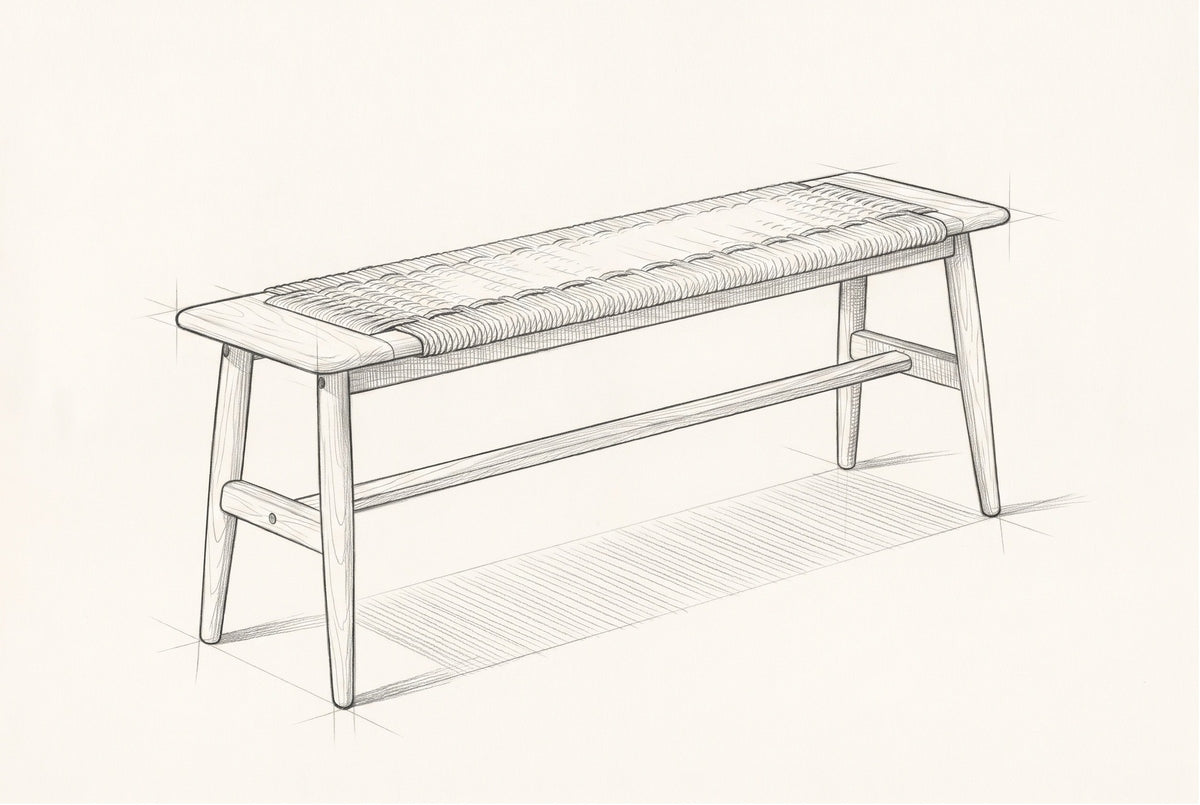 Pencil sketch of the Sperlonga bench, drawn from the same three-quarter view