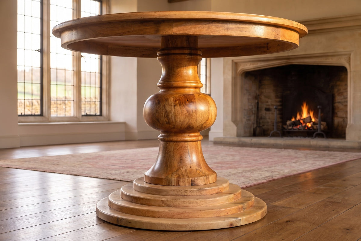 Close-up of the Spezzano 43-Inch Round Solid Mango Pedestal Dining Table: pedestal