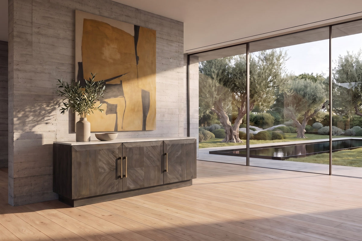 Spilinga 72-Inch 3-Door Marble-Top Sideboard, Tobacco Grey Mango Parquetry in a sunlit villa dining room
