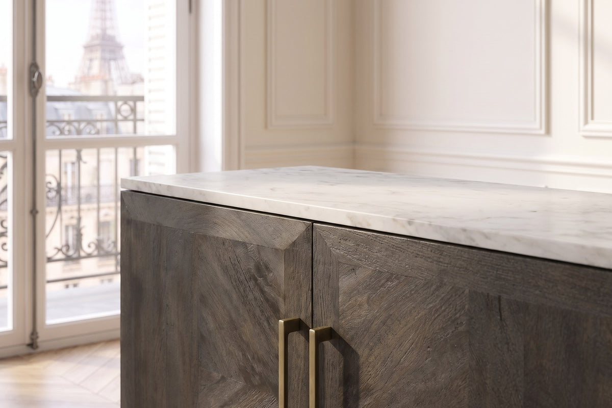 Close-up of the Spilinga 72-Inch 3-Door Marble-Top Sideboard, Tobacco Grey Mango Parquetry: marble