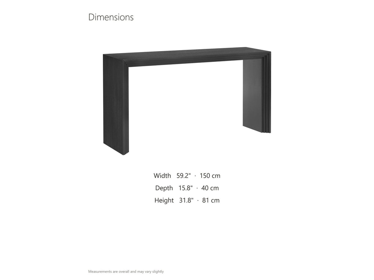 Spinazzola Black Paulownia Waterfall Console Table dimensions: 59.2 in wide, 15.8 in deep, 31.8 in high