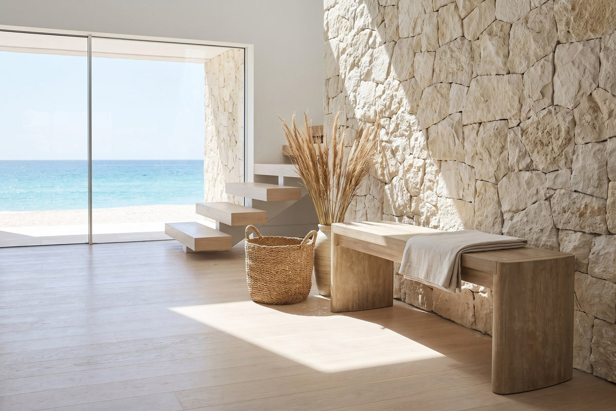 Staiti 50.5-Inch Cerused Oak Veneer Panel-Leg Dining Bench, Seats 2 in an oceanfront glass house