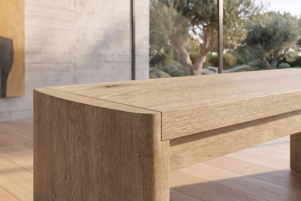 Close-up of the Staiti 50.5-Inch Cerused Oak Veneer Panel-Leg Dining Bench, Seats 2: grain