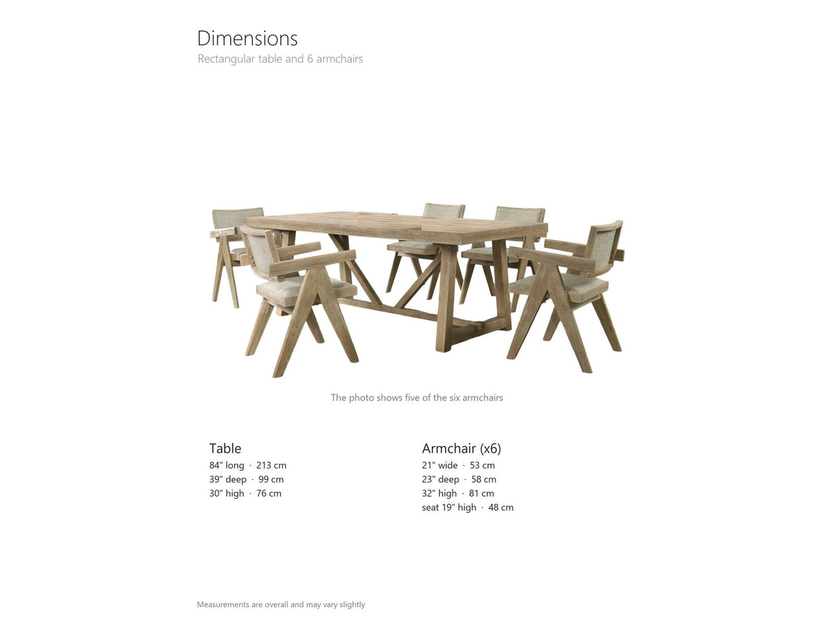 Stilo dining set dimensions: rectangular table 84 in long, 39 in wide and 30 in high; each armchair 21 in wide, 23 in deep and 32 in high, seat 19 in high and 18 in deep