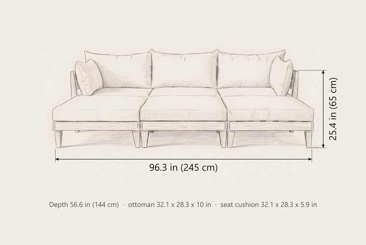 Stromboli daybed set dimensions: 96.3 in wide, 56.6 in deep, 25.4 in high