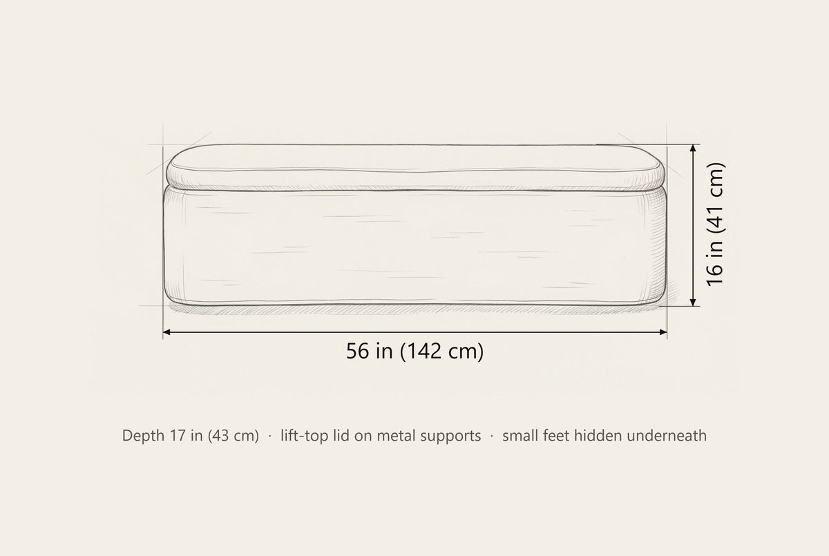 Subiaco bench dimensions: 56 in wide, 16 in high, 17 in deep