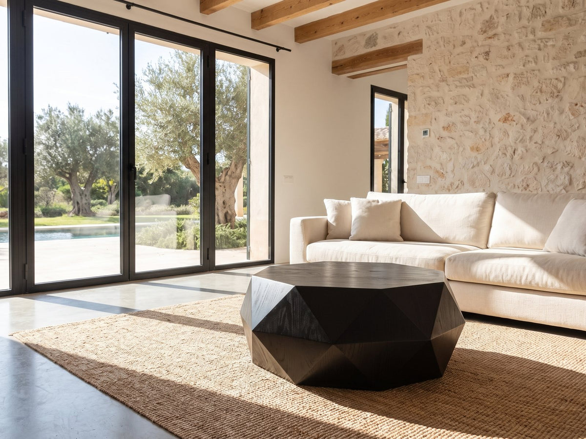 Taranto Black Faceted Drum Coffee Table on a jute rug in front of a linen sofa in a poolside villa