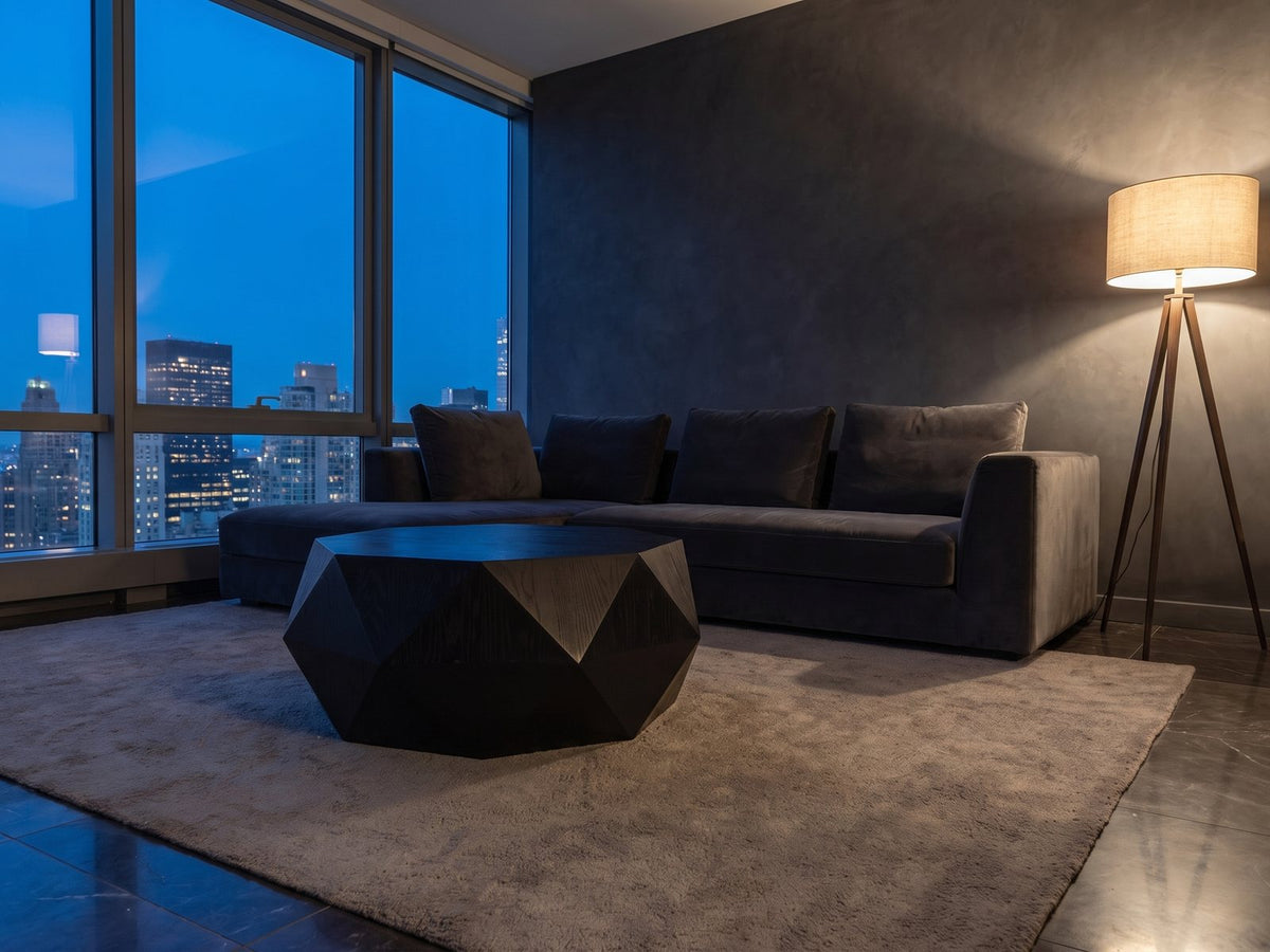 Taranto Black Faceted Drum Coffee Table on a wool rug in front of a velvet sofa in a city penthouse at blue hour