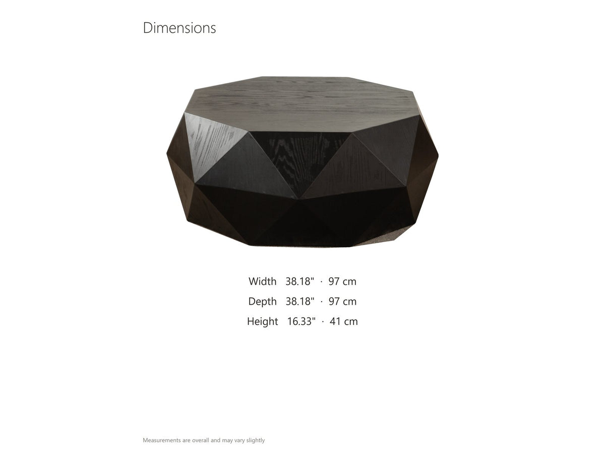 Taranto Black Faceted Drum Coffee Table dimensions: 38.18 in wide, 38.18 in deep, 16.33 in high