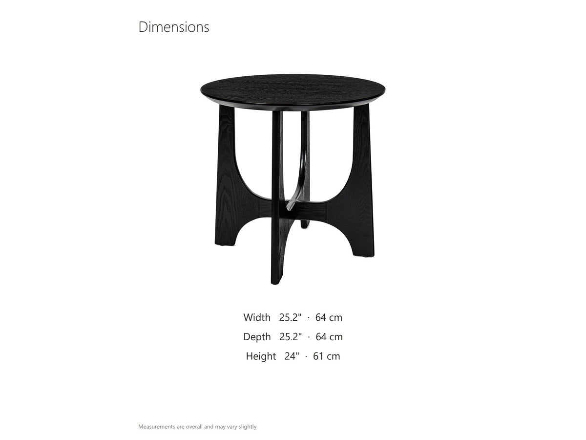 Taviano Black Wood Veneer Round Side Table dimensions: 25.2 in wide, 25.2 in deep, 24.0 in high