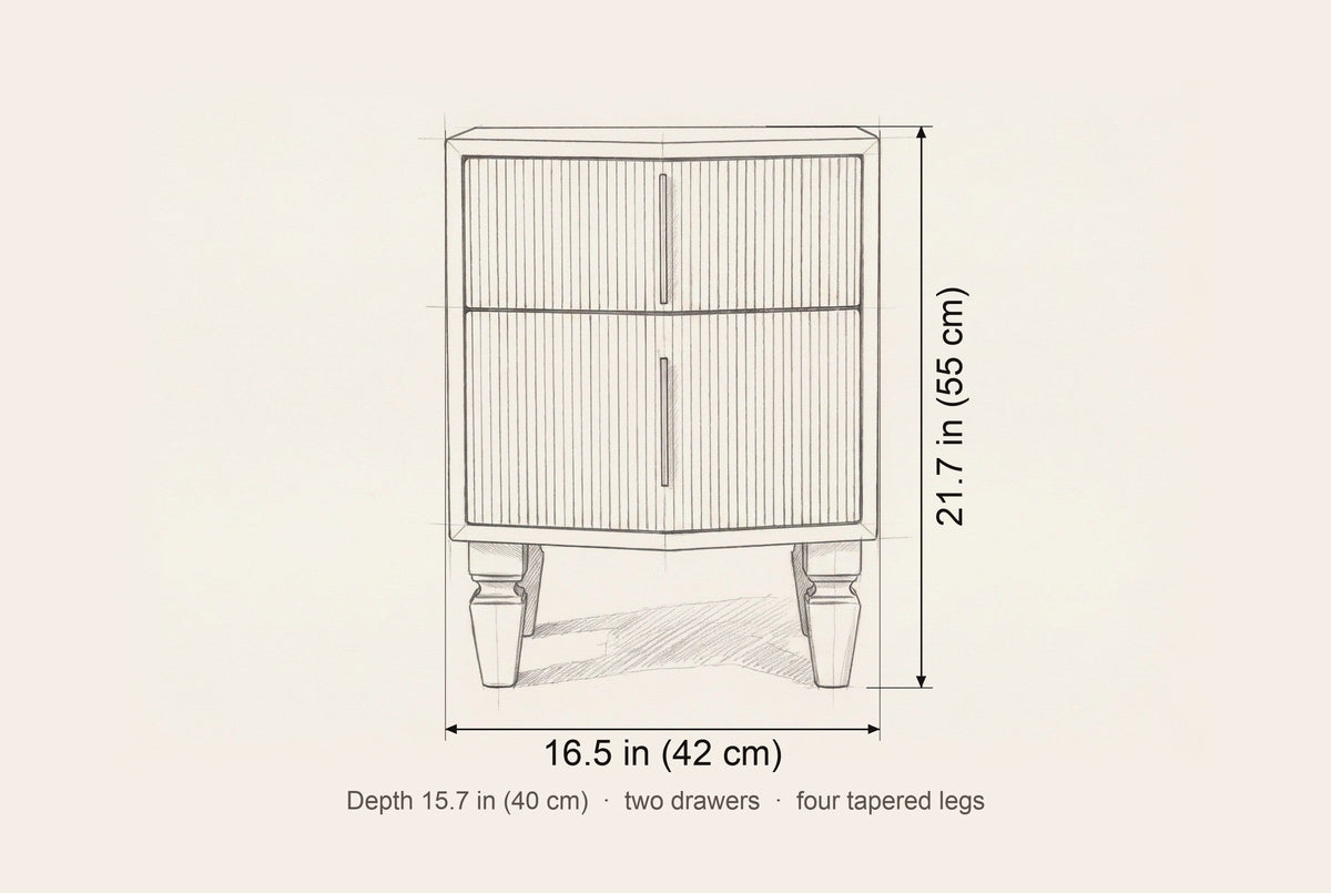 Teulada nightstand dimensions: 16.5 in wide, 21.7 in high, 15.7 in deep