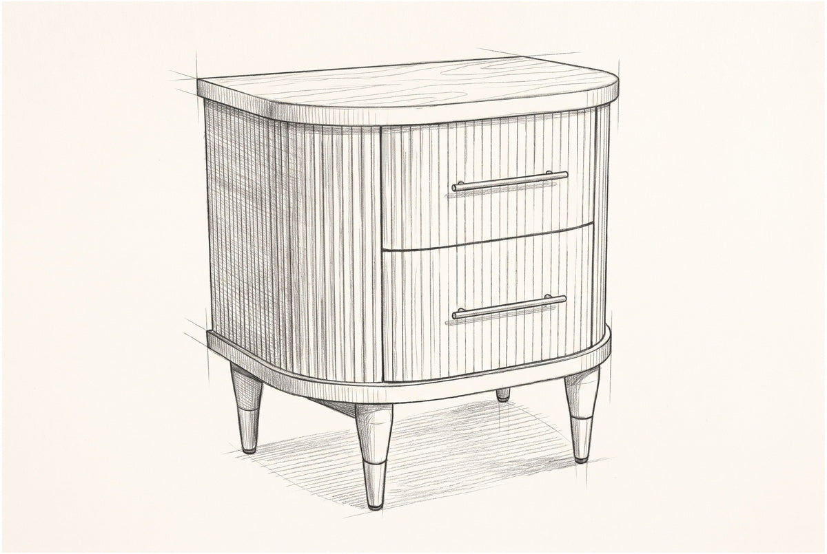 Pencil sketch of the Thiesi nightstand, drawn from the same three-quarter view