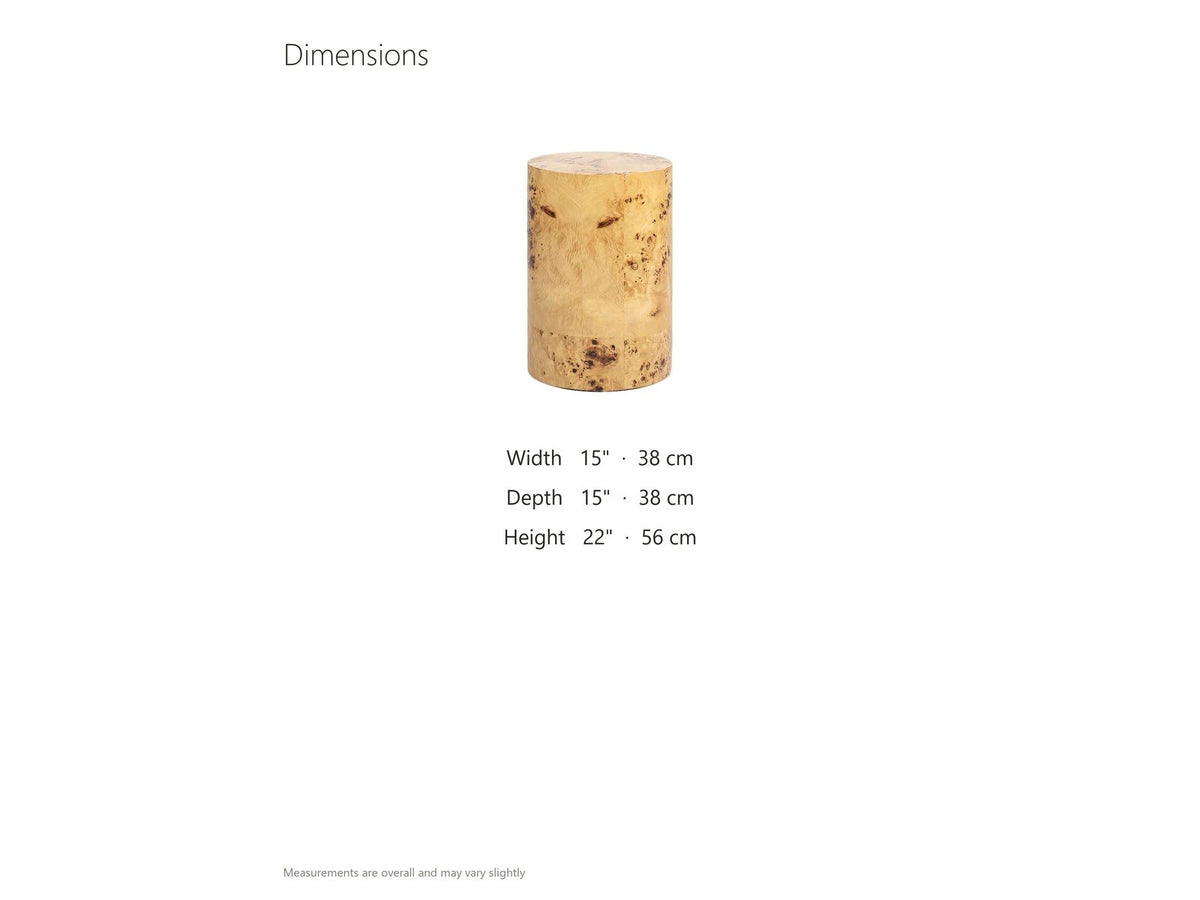 Tiriolo Natural Burl Pillar Side Table dimensions: 15.0 in wide, 15.0 in deep, 22.0 in high