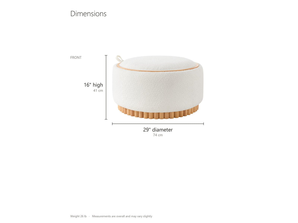 Tivoli Fluted Storage Ottoman dimensions: 29 in wide, 29 in deep, 16 in high