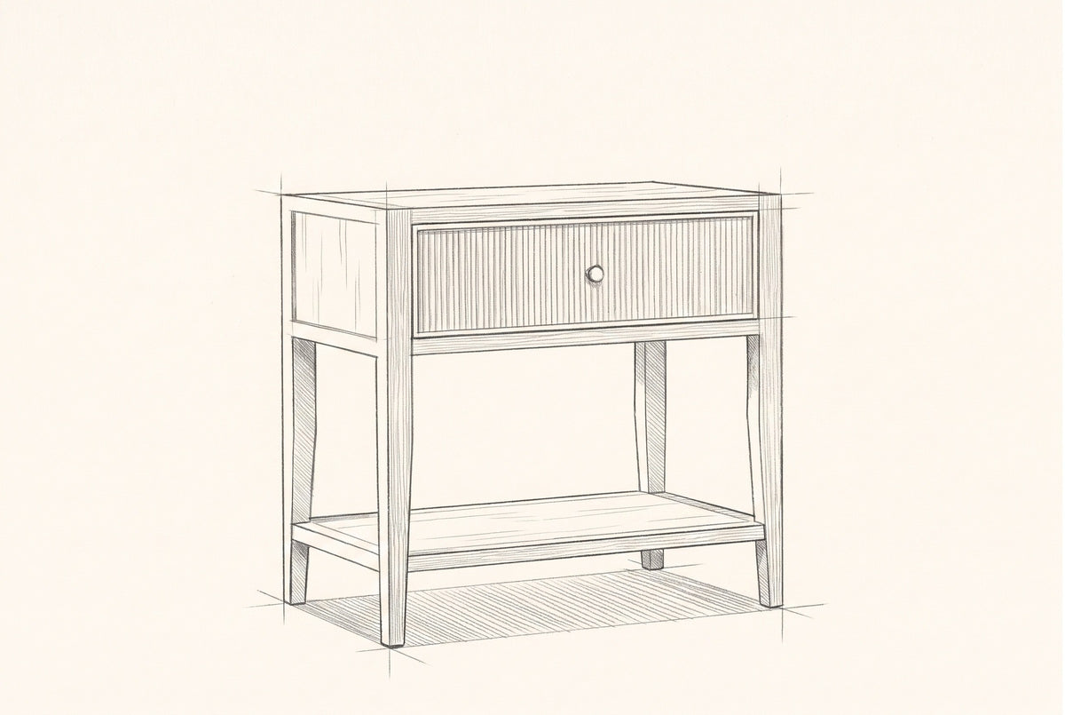 Pencil sketch of the Tonara nightstand, drawn from the same three-quarter view