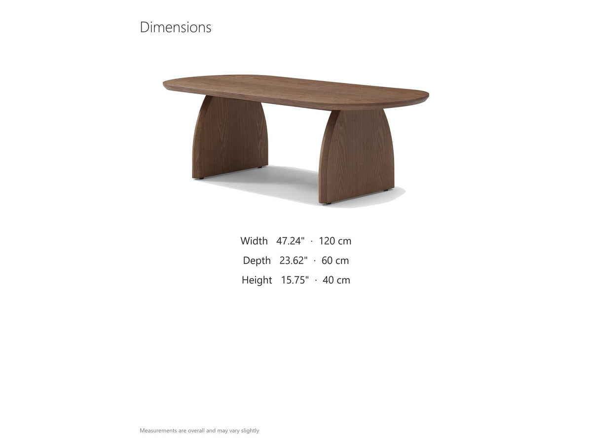 Tortona 47-Inch Oval Walnut-Finish Wood Veneer Coffee Table dimensions: 47.24 in wide, 23.62 in deep, 15.75 in high