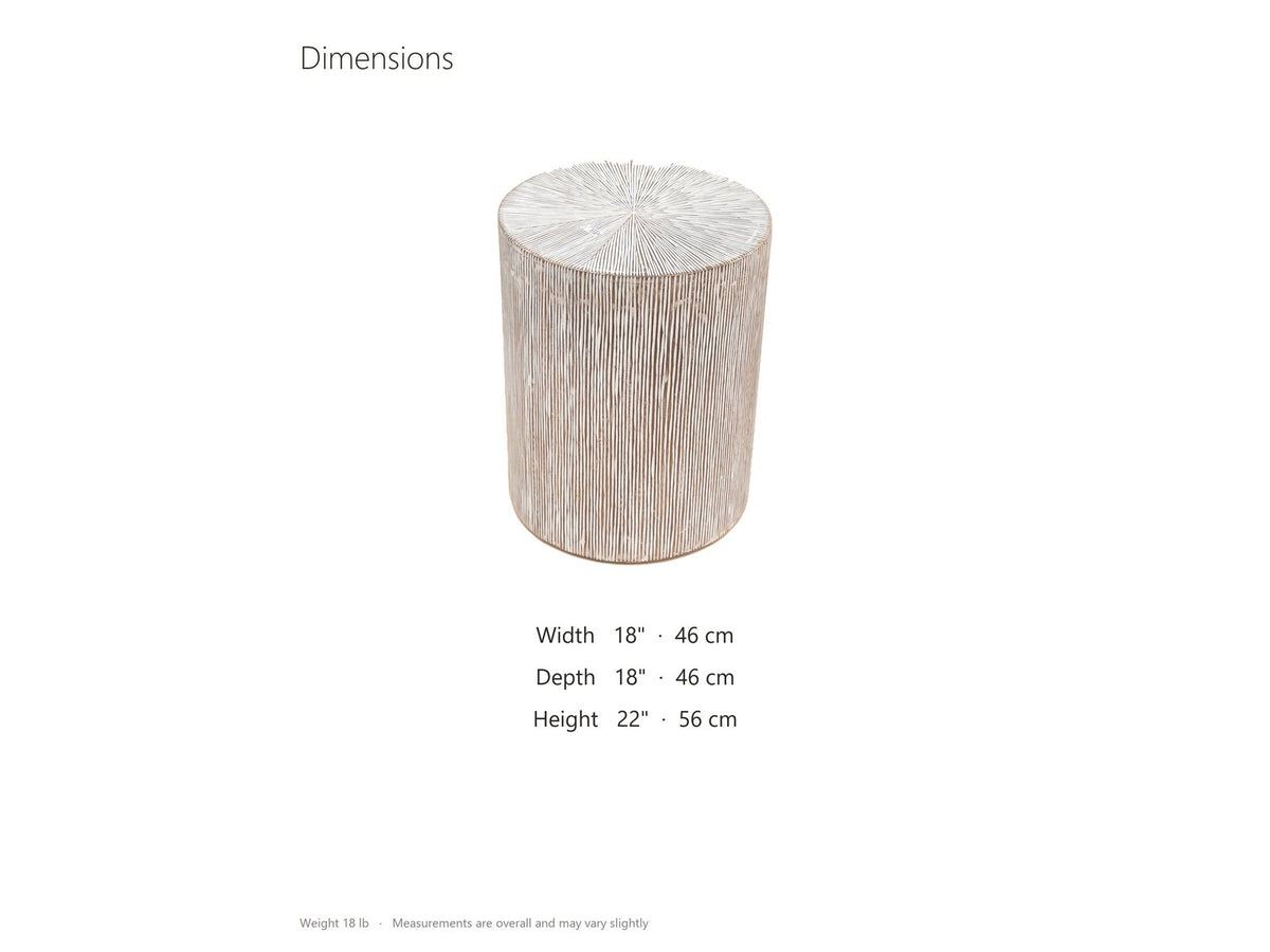 Tortora Carved Whitewash Drum Side Table dimensions: 18.0 in wide, 18.0 in deep, 22.0 in high