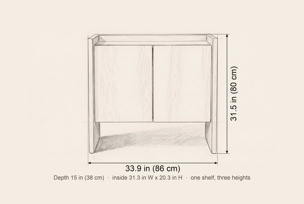 Trani cabinet dimensions: 33.9 in wide, 31.5 in high, 15 in deep