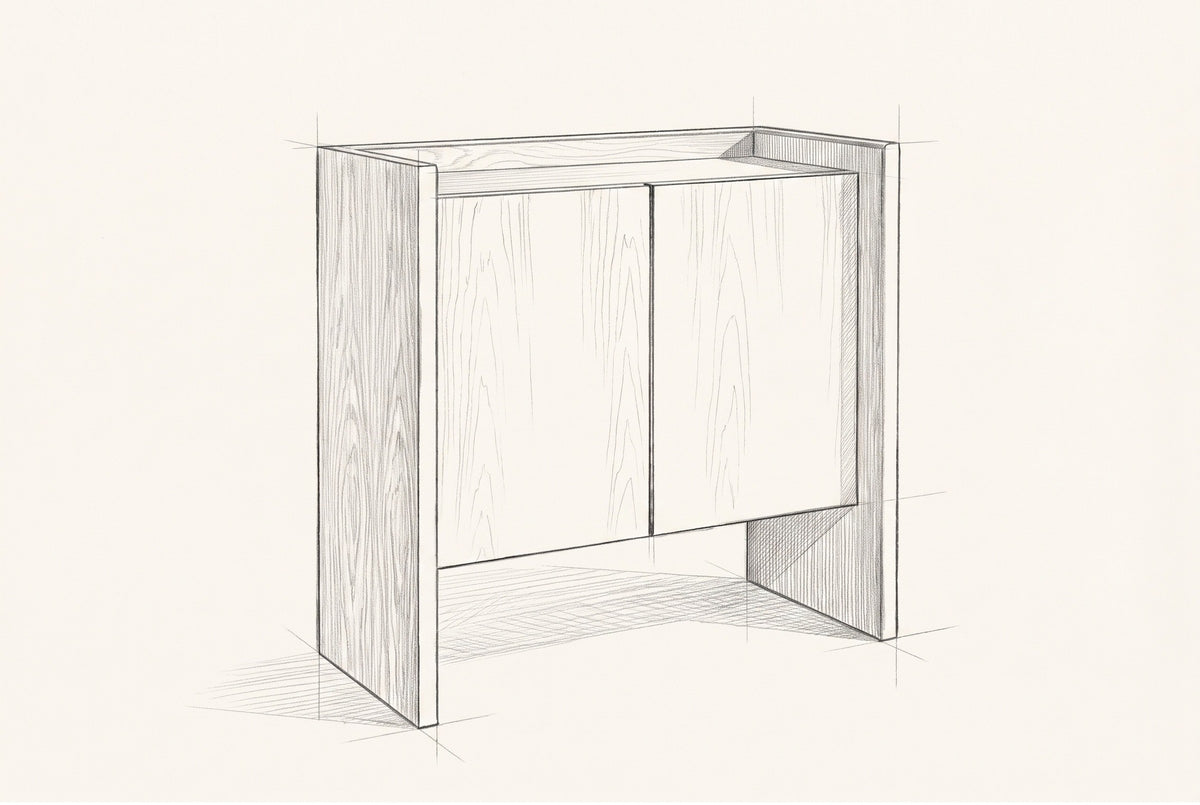 Pencil sketch of the Trani cabinet, drawn from the same three-quarter view