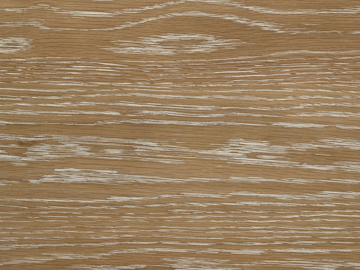 Close-up of the Tremezzo Washed Oak Media Console: washed white oak grain