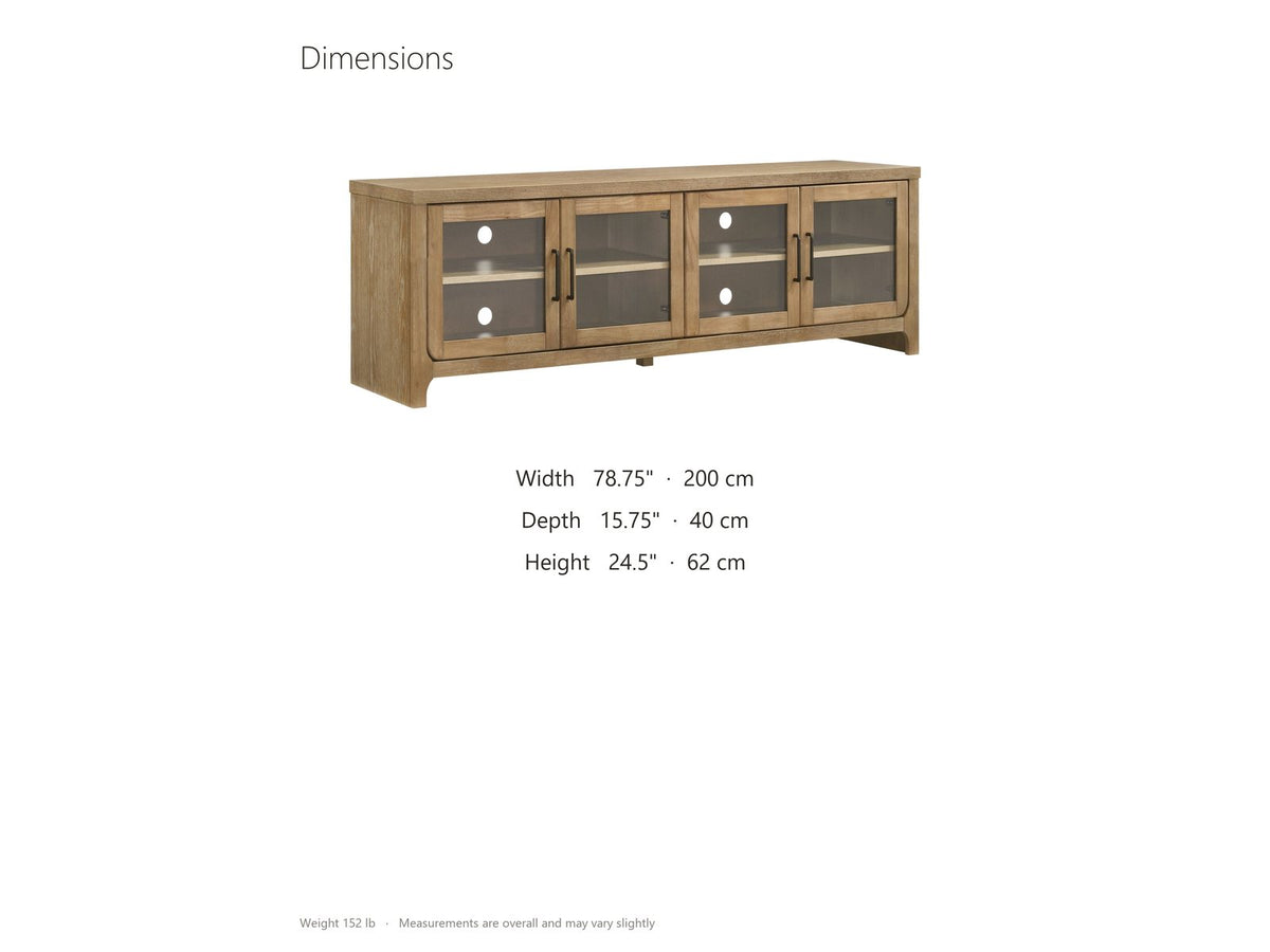 Tremezzo Washed Oak Media Console dimensions: 78.75 in wide, 15.75 in deep, 24.5 in high