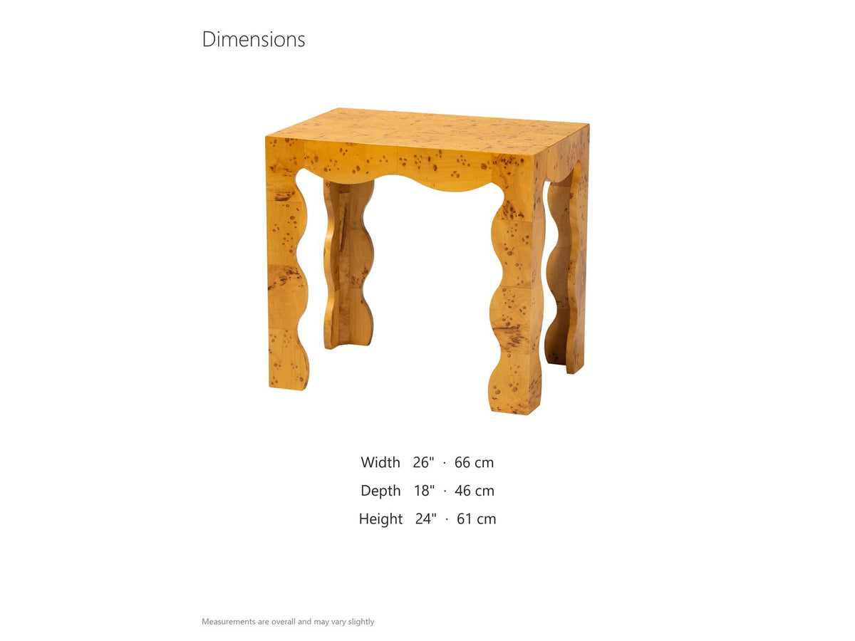 Tricarico Burl Veneer Scalloped Side Table dimensions: 26.0 in wide, 18.0 in deep, 24.0 in high