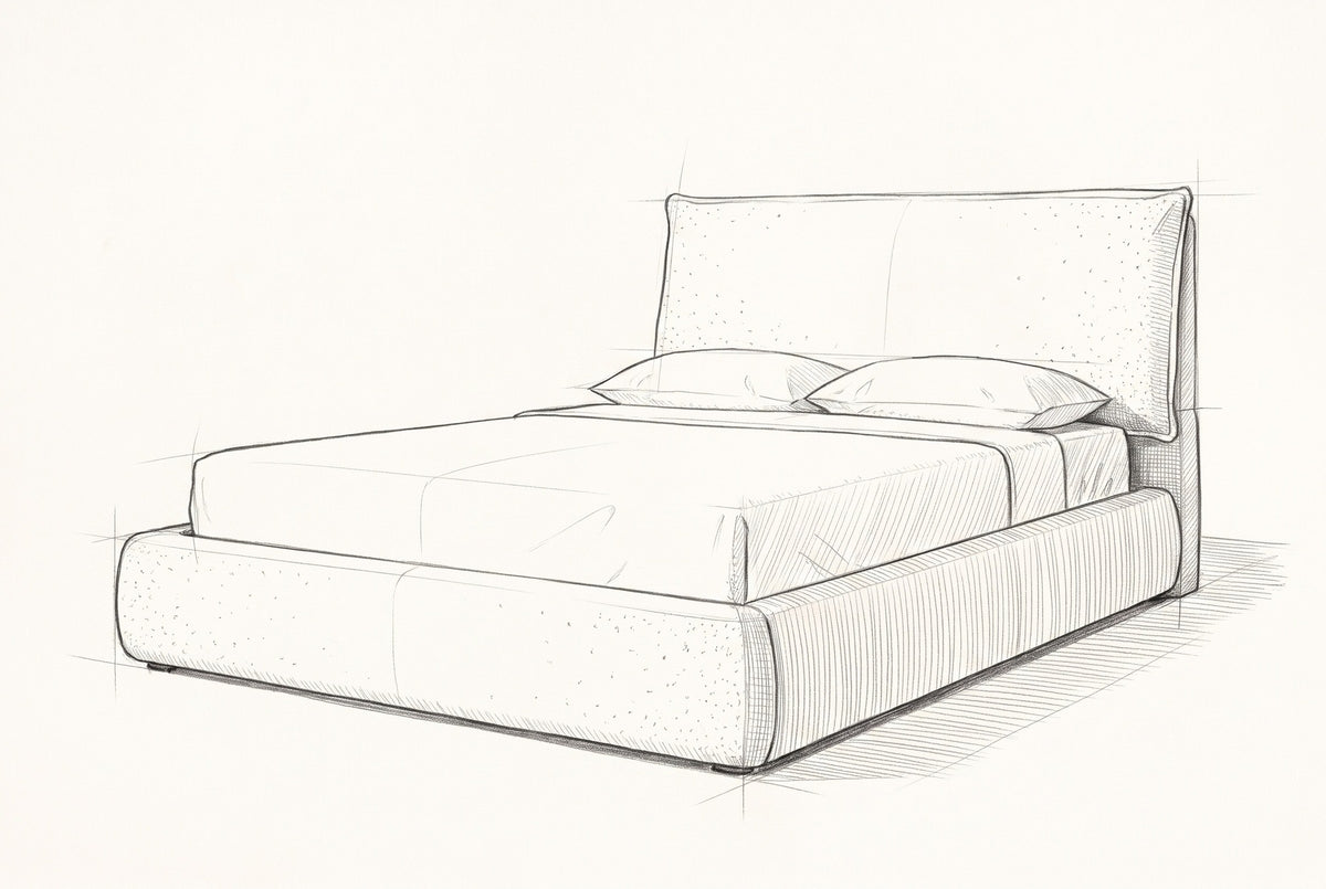 Pencil sketch of the Trivento pillow headboard bed with a mattress and two pillows, drawn from the same three-quarter view