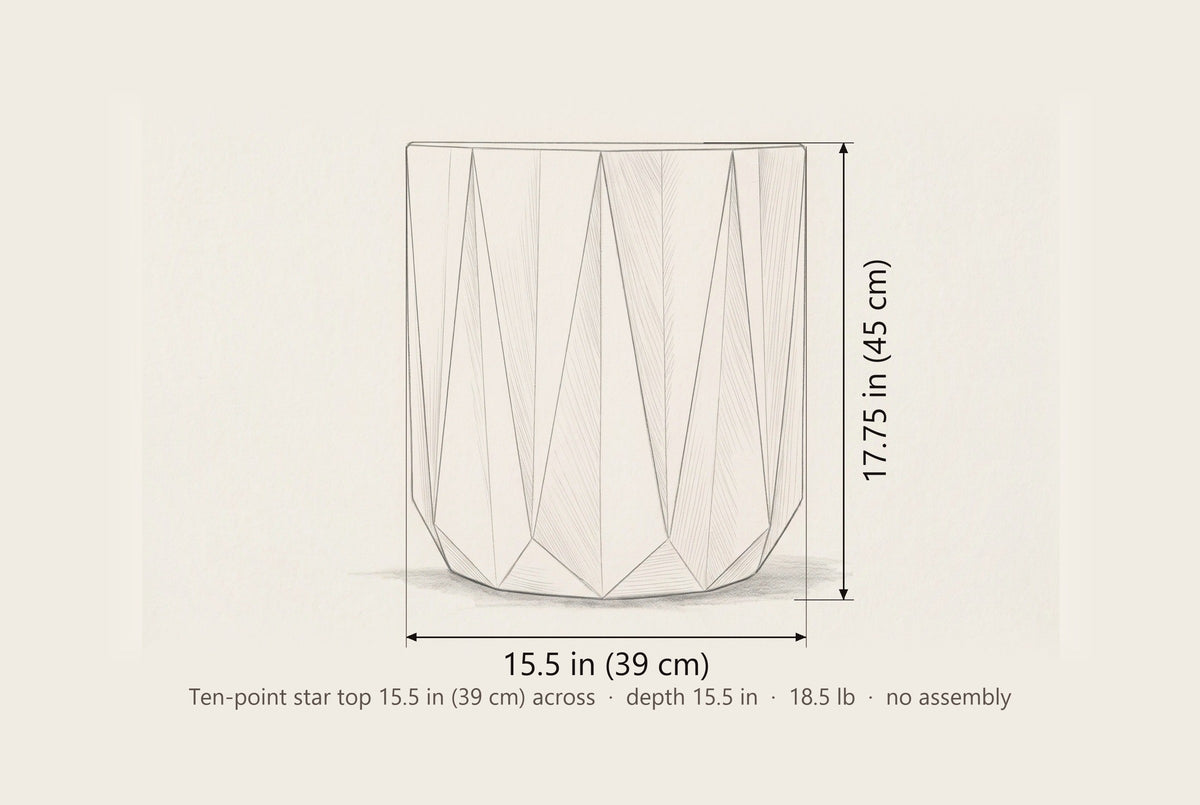 Troina side table dimensions: 15.5 in wide, 17.75 in high