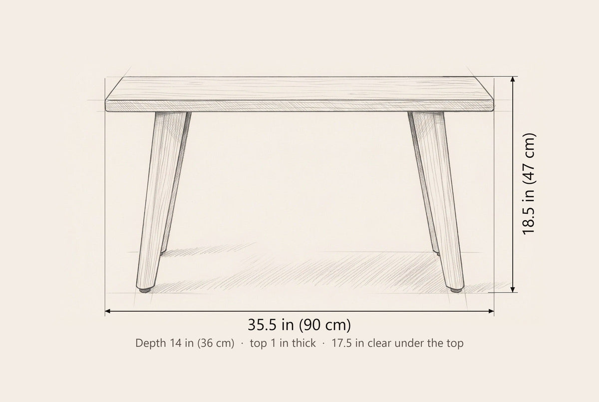 Umbertide bench dimensions: 35.5 in long, 18.5 in high, 14 in deep