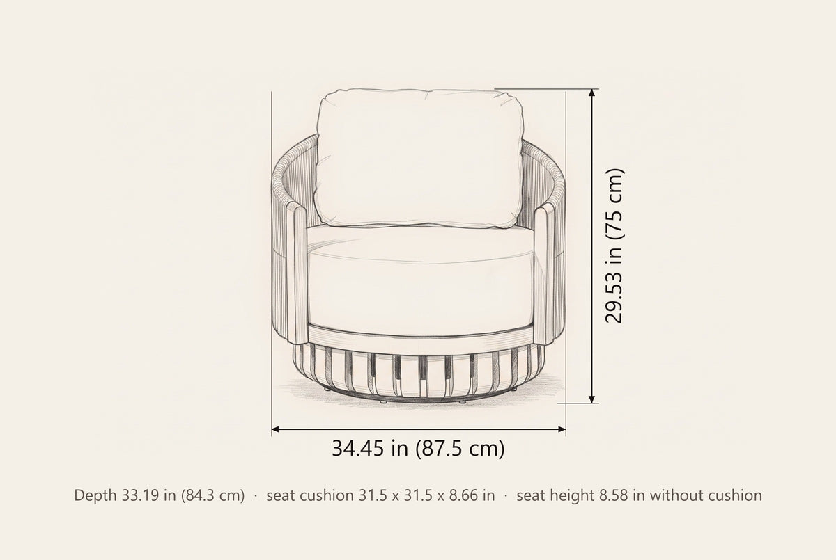 Ustica swivel lounge chair dimensions: 34.45 in wide, 29.53 in high, 33.19 in deep
