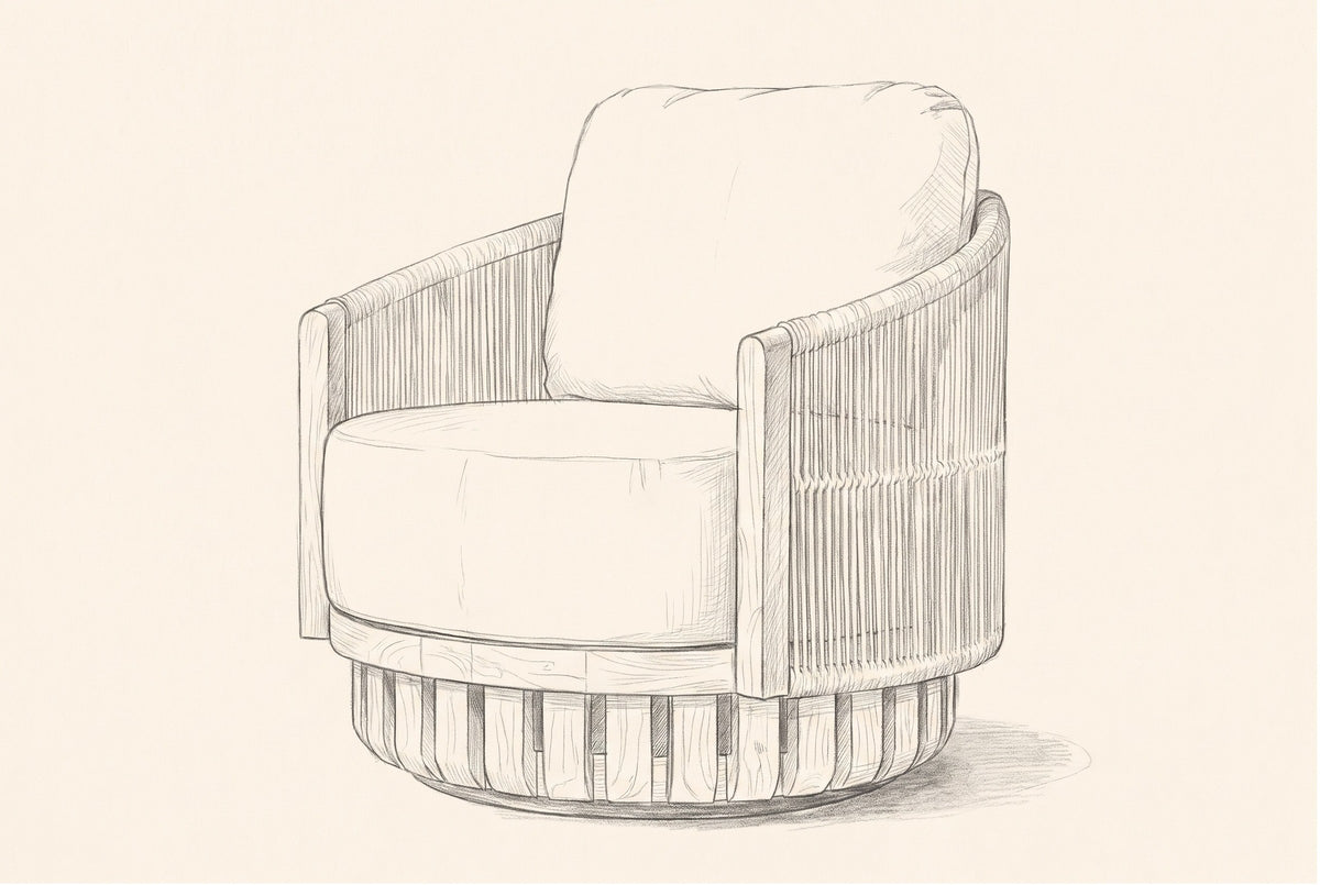 Pencil sketch of the Ustica swivel lounge chair, three-quarter view