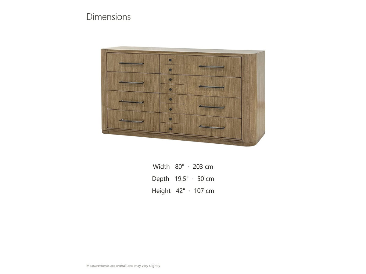 Valdagno 80-Inch Eucalyptus Veneer Dresser dimensions: 80.0 in wide, 19.5 in deep, 42.0 in high